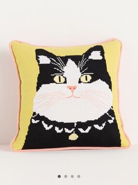 Anthropologie Arden Cotton Needlepoint Blk/Wht Cat Yellow Pillow with Pink Trim